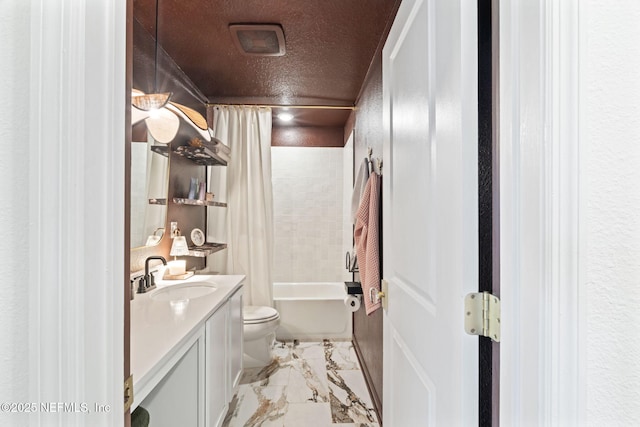 80 Boulder Ln, Saint Johns, FL 32259 - bathroom featuring vanity, toilet, marble finish floors, shower / bath combination with curtain, and a textured ceiling