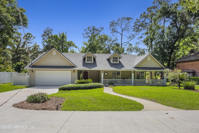 cape cod house with covered porch, a front yard, fence, concrete driveway, and an attached garage
