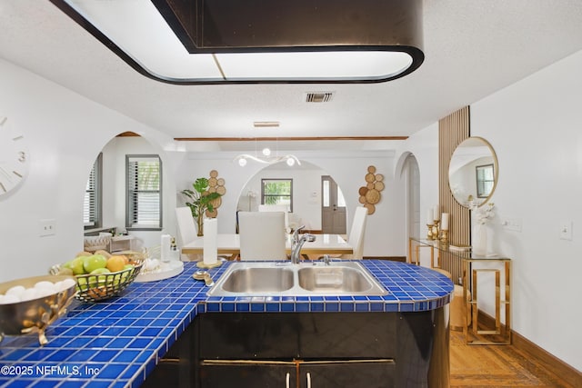 6878 Lenox Ave, Jacksonville, FL 32205 - kitchen with a sink, arched walkways, tile counters, and visible vents