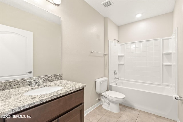 bathroom featuring visible vents, vanity, toilet, baseboards, and tile patterned floors