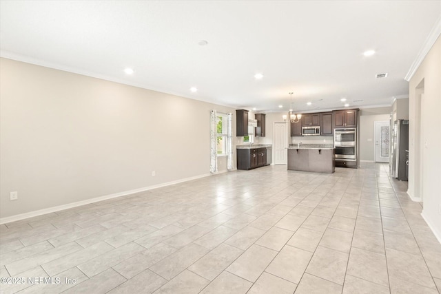 unfurnished living room with visible vents, baseboards, a chandelier, ornamental molding, and recessed lighting