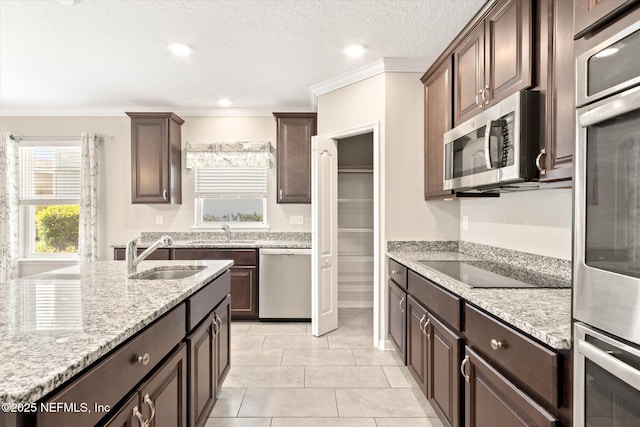 kitchen with crown molding, a sink, dark brown cabinetry, and stainless steel appliances