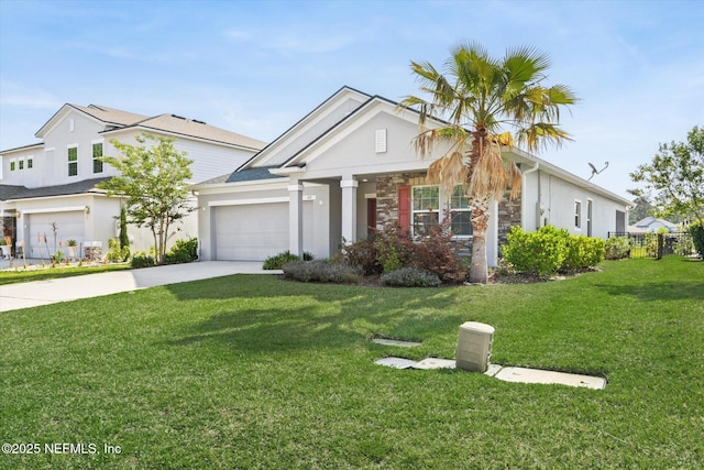 view of front facade featuring a garage, stucco siding, concrete driveway, and a front yard