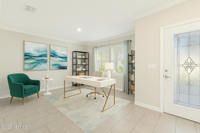 office featuring light tile patterned flooring, baseboards, visible vents, and ornamental molding