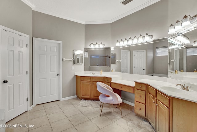 full bathroom featuring a walk in shower, vanity, tile patterned floors, baseboards, and ornamental molding