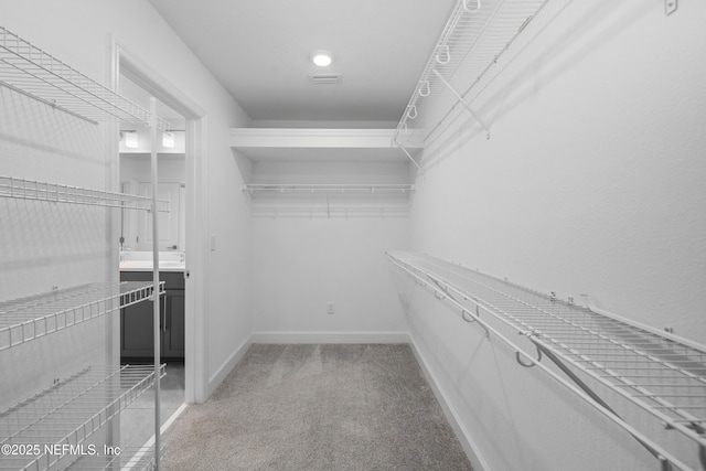 spacious closet with light colored carpet and visible vents