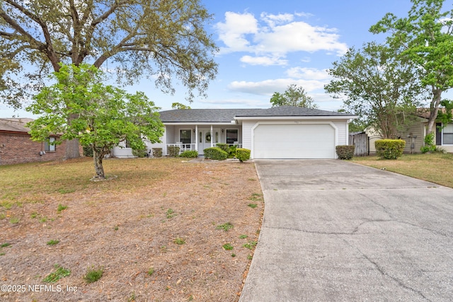ranch-style house with covered porch, driveway, a front lawn, and a garage