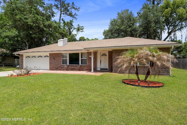 single story home with fence, a front lawn, a garage, a chimney, and driveway