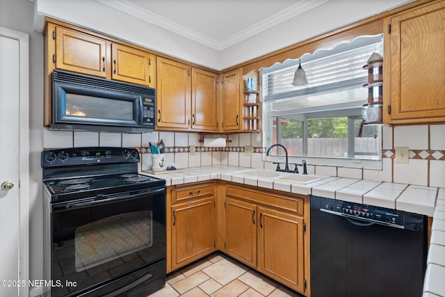 kitchen with decorative backsplash, ornamental molding, a sink, and black appliances