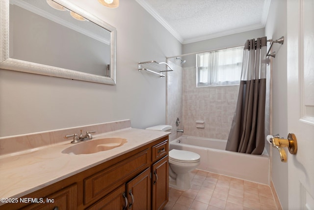 bathroom with crown molding, shower / bath combo with shower curtain, toilet, a textured ceiling, and tile patterned floors