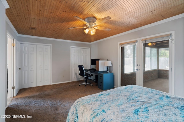 bedroom with carpet flooring, access to outside, two closets, and wood ceiling