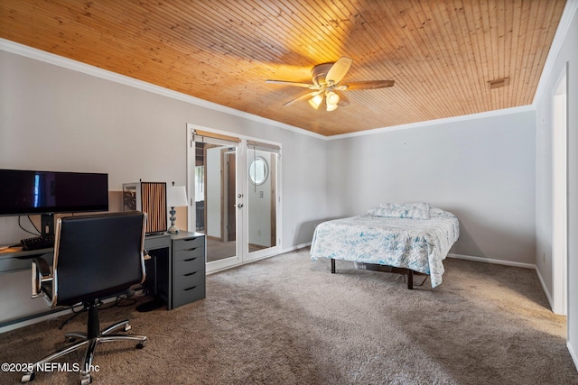 bedroom featuring visible vents, ornamental molding, wooden ceiling, a ceiling fan, and carpet