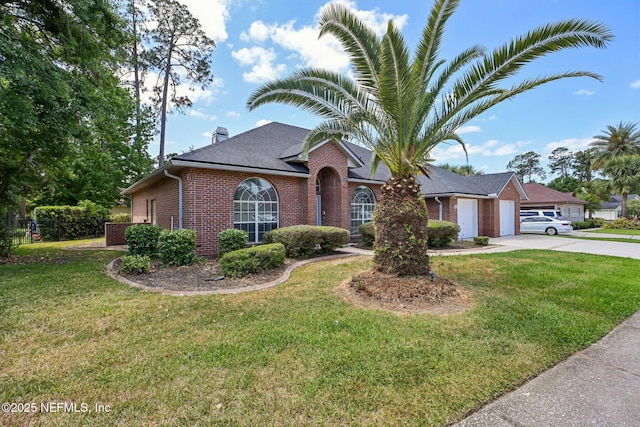 ranch-style house with brick siding, an attached garage, driveway, and a front yard