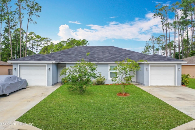 single story home with roof with shingles, stucco siding, and a front yard