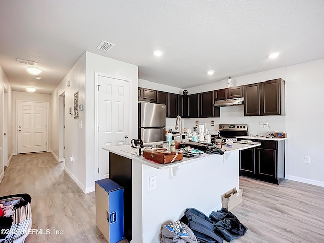 kitchen with visible vents, stainless steel appliances, light wood-type flooring, light countertops, and under cabinet range hood
