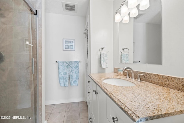 3365 N Ocean Shore Blvd, Flagler Beach, FL 32136 - full bathroom with visible vents, tile patterned flooring, a stall shower, vanity, and baseboards