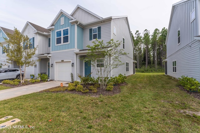 10318 Benson Lake Dr, Jacksonville, FL 32222 - view of front facade featuring board and batten siding, an attached garage, driveway, and a front lawn