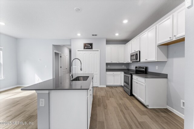 10318 Benson Lake Dr, Jacksonville, FL 32222 - kitchen with stainless steel appliances, a sink, dark countertops, light wood-style floors, and recessed lighting