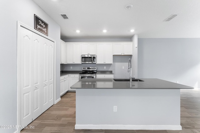 10318 Benson Lake Dr, Jacksonville, FL 32222 - kitchen with appliances with stainless steel finishes, a sink, light wood-style floors, white cabinetry, and recessed lighting