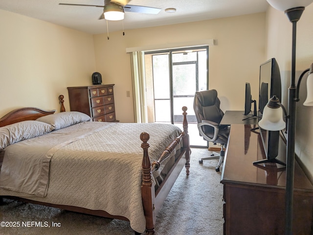 bedroom featuring ceiling fan, carpet, and access to exterior