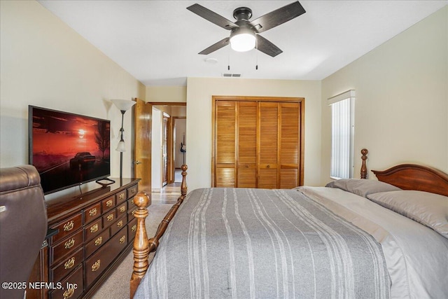 5088 Merrifield Ct, Spring Hill, FL 34608 - bedroom with a ceiling fan, visible vents, and a closet