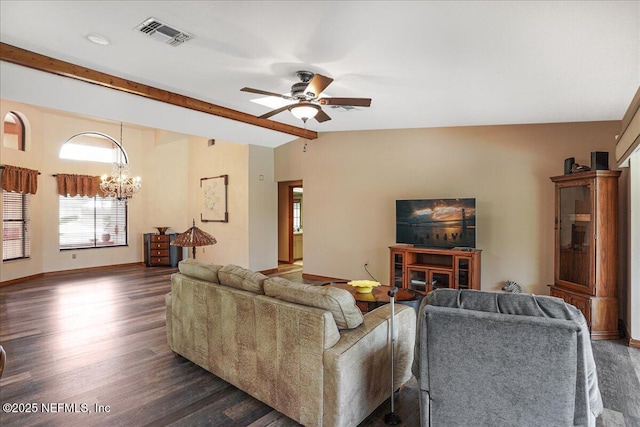 5088 Merrifield Ct, Spring Hill, FL 34608 - living room featuring visible vents, baseboards, dark wood-style floors, lofted ceiling with beams, and ceiling fan with notable chandelier