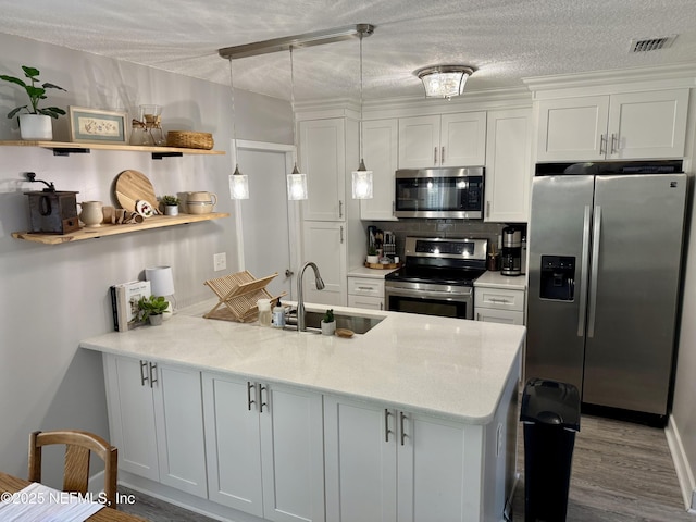 2599 Sandy Hollow Dr, Middleburg, FL 32068 - kitchen with appliances with stainless steel finishes, open shelves, a peninsula, white cabinets, and pendant lighting
