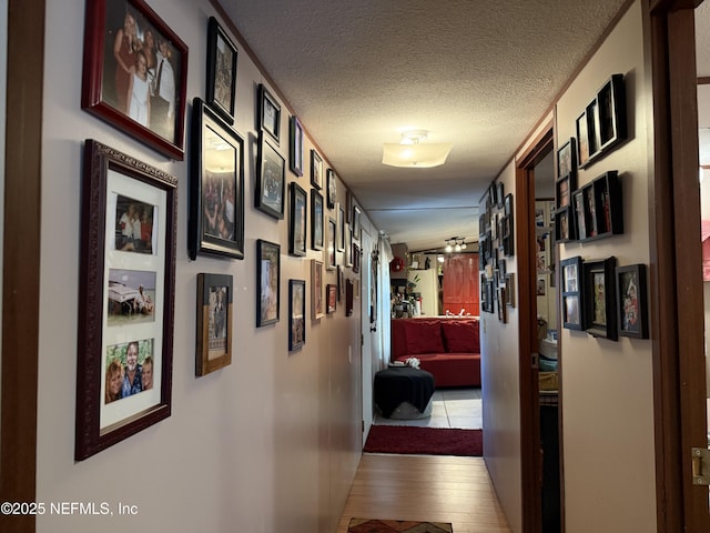 hallway with a textured ceiling and wood finished floors