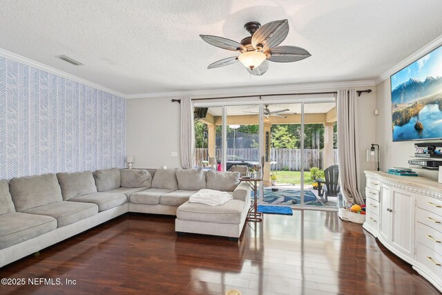 3367 Turkey Creek Dr, Green Cove Springs, FL 32043 - living area with a ceiling fan, crown molding, dark wood finished floors, wallpapered walls, and a textured ceiling