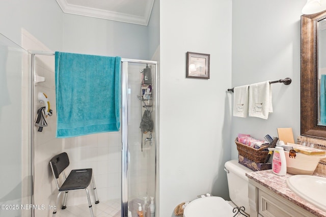 3367 Turkey Creek Dr, Green Cove Springs, FL 32043 - bathroom with ornamental molding, vanity, toilet, and a shower stall