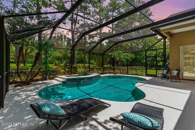 swimming pool with a patio, a hot tub, and glass enclosure