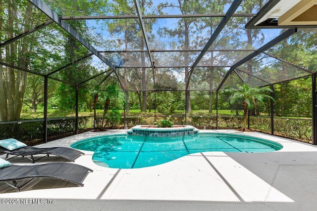 swimming pool with a patio area, a hot tub, and a lanai