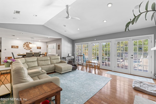 11136 River Creek Dr W, Jacksonville, FL 32223 - living room featuring vaulted ceiling, wood finished floors, ceiling fan, french doors, and recessed lighting