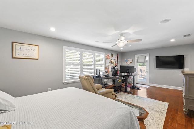 11136 River Creek Dr W, Jacksonville, FL 32223 - bedroom featuring recessed lighting, dark wood-style floors, a ceiling fan, access to outside, and baseboards