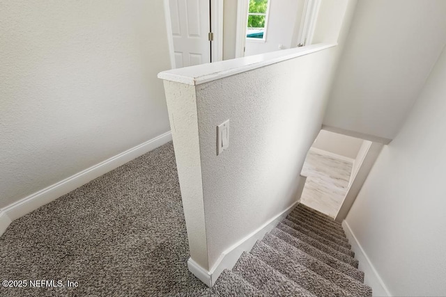 stairway featuring baseboards, carpet, and a textured wall