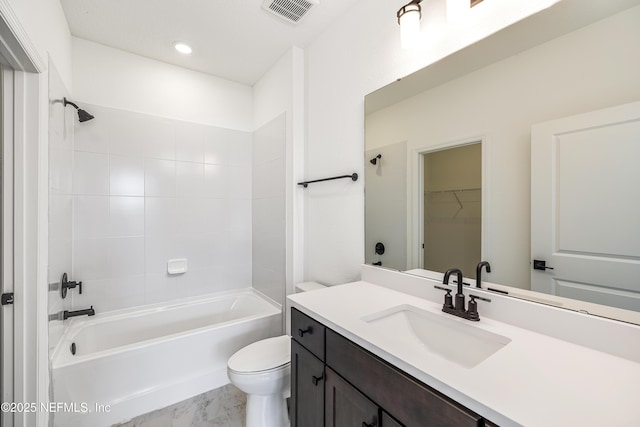 full bathroom featuring visible vents, vanity, marble finish floor, toilet, and bathtub / shower combination