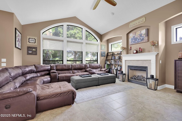 521 S Bridge Creek Dr, Saint Johns, FL 32259 - living room featuring ceiling fan, lofted ceiling, and a fireplace