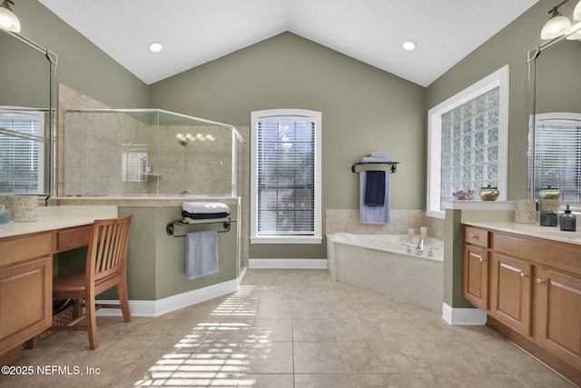 521 S Bridge Creek Dr, Saint Johns, FL 32259 - full bathroom with vanity, a shower stall, plenty of natural light, vaulted ceiling, and recessed lighting