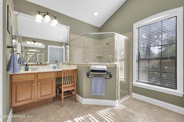 521 S Bridge Creek Dr, Saint Johns, FL 32259 - bathroom with lofted ceiling, a stall shower, tile patterned floors, and vanity
