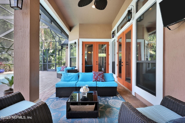 521 S Bridge Creek Dr, Saint Johns, FL 32259 - view of patio with french doors, an outdoor living space, a ceiling fan, and glass enclosure