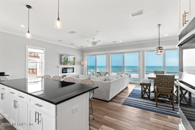 3083 S Ponte Vedra Blvd, Ponte Vedra Beach, FL 32082 - kitchen with dark countertops, crown molding, a ceiling fan, dark wood finished floors, and plenty of natural light