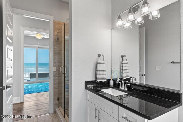 3083 S Ponte Vedra Blvd, Ponte Vedra Beach, FL 32082 - full bathroom with a shower stall, vanity, a ceiling fan, and a water view
