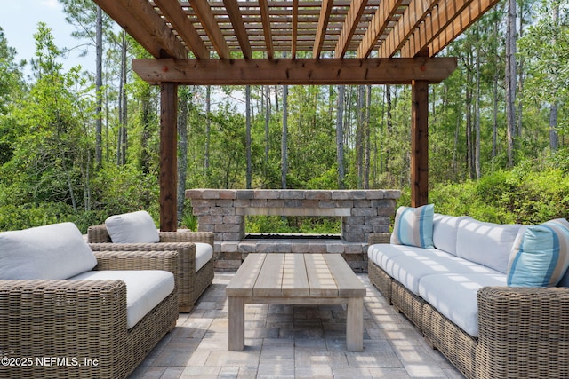 55 Rainbow Trout Ln, Ponte Vedra, FL 32081 - view of patio featuring an outdoor living space, a pergola, and a view of trees