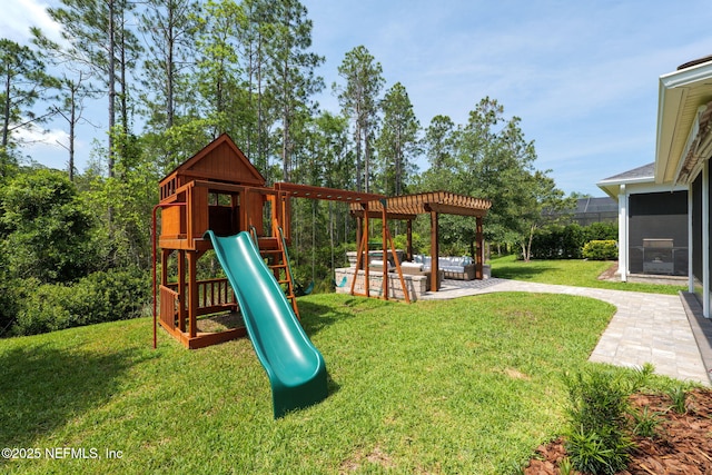 55 Rainbow Trout Ln, Ponte Vedra, FL 32081 - view of playground with a yard, outdoor lounge area, a patio area, and a pergola