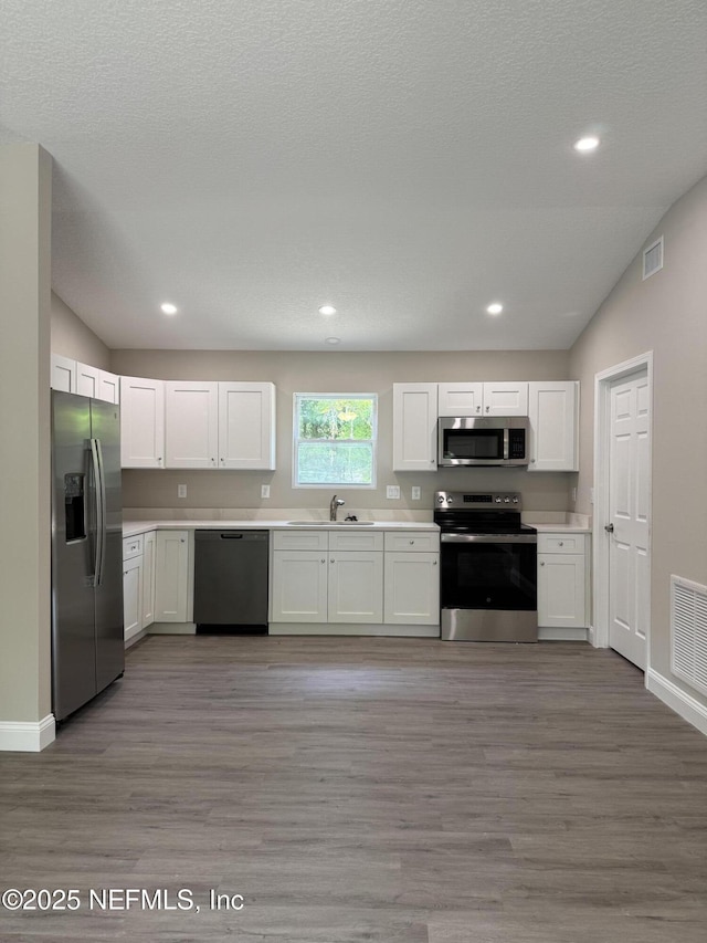 133 Cherokee Dr, Interlachen, FL 32148 - kitchen featuring stainless steel appliances, light wood-type flooring, white cabinets, light countertops, and vaulted ceiling