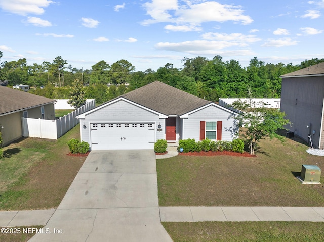 ranch-style house with a garage, a front lawn, fence, and concrete driveway