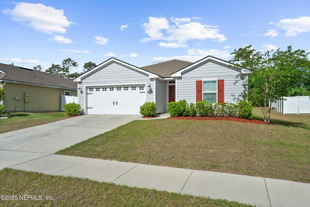 single story home featuring a garage, fence, a front yard, and concrete driveway