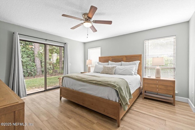 7372 Secret Woods Dr, Jacksonville, FL 32216 - bedroom with access to outside, light wood-style floors, a textured ceiling, and ceiling fan