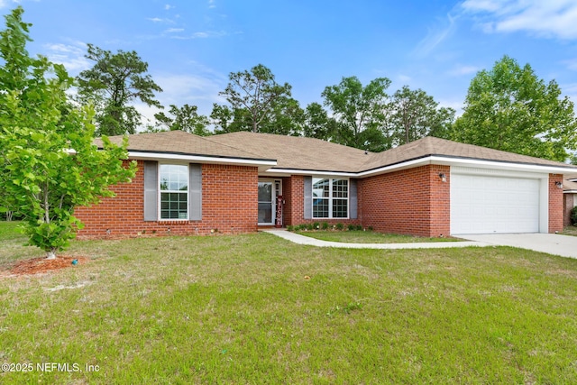 single story home with brick siding, an attached garage, driveway, and a front lawn