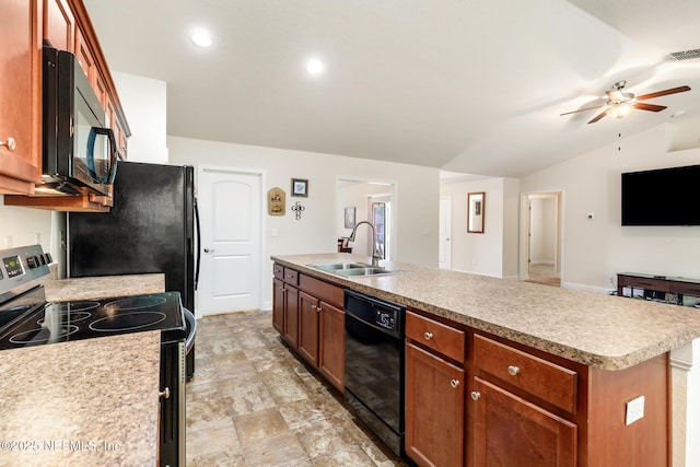 kitchen featuring a sink, light countertops, a ceiling fan, lofted ceiling, and black appliances